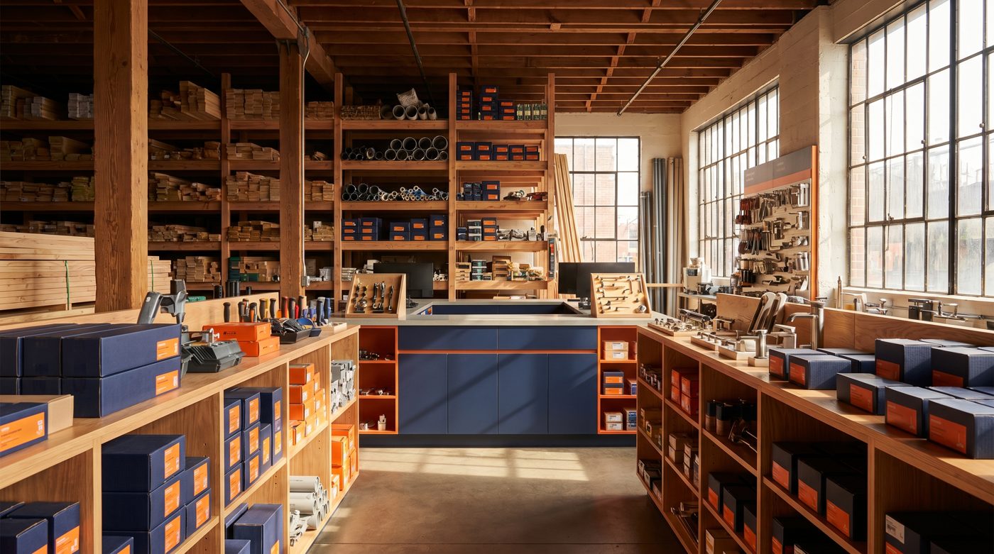 Interior da Severino Tem Quase Tudo — prateleiras organizadas em tons de azul navy e laranja